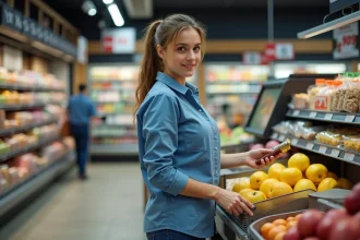 Jeune femme à la caisse d'un supermarché allemand