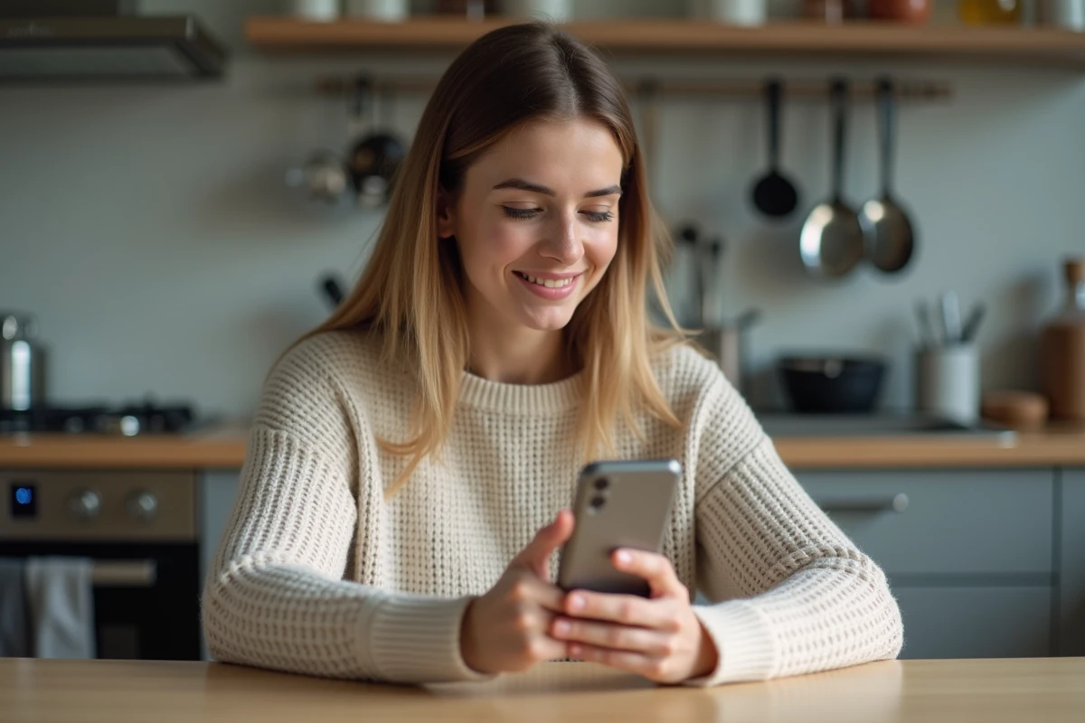 Jeune femme souriante utilisant son smartphone dans la cuisine