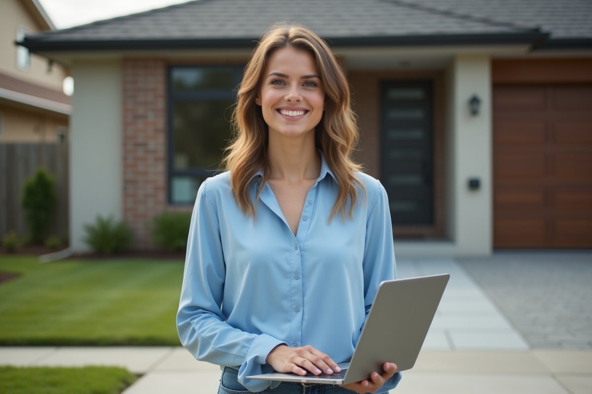 Jeune femme professionnelle devant une maison à vendre