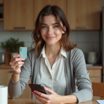 Jeune femme avec carte prépayée et smartphone dans une cuisine moderne