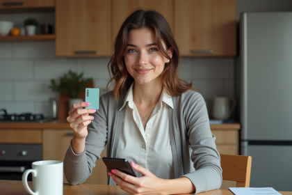 Jeune femme avec carte prépayée et smartphone dans une cuisine moderne