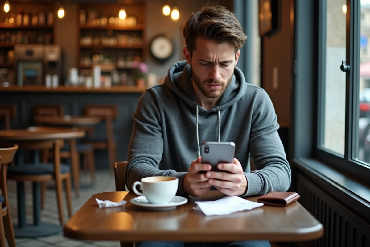 Jeune homme consultant une application bancaire dans un café pour trouver un distributeur proche