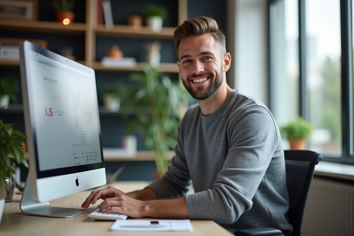 Jeune homme souriant utilisant un ordinateur pour ses démarches bancaires