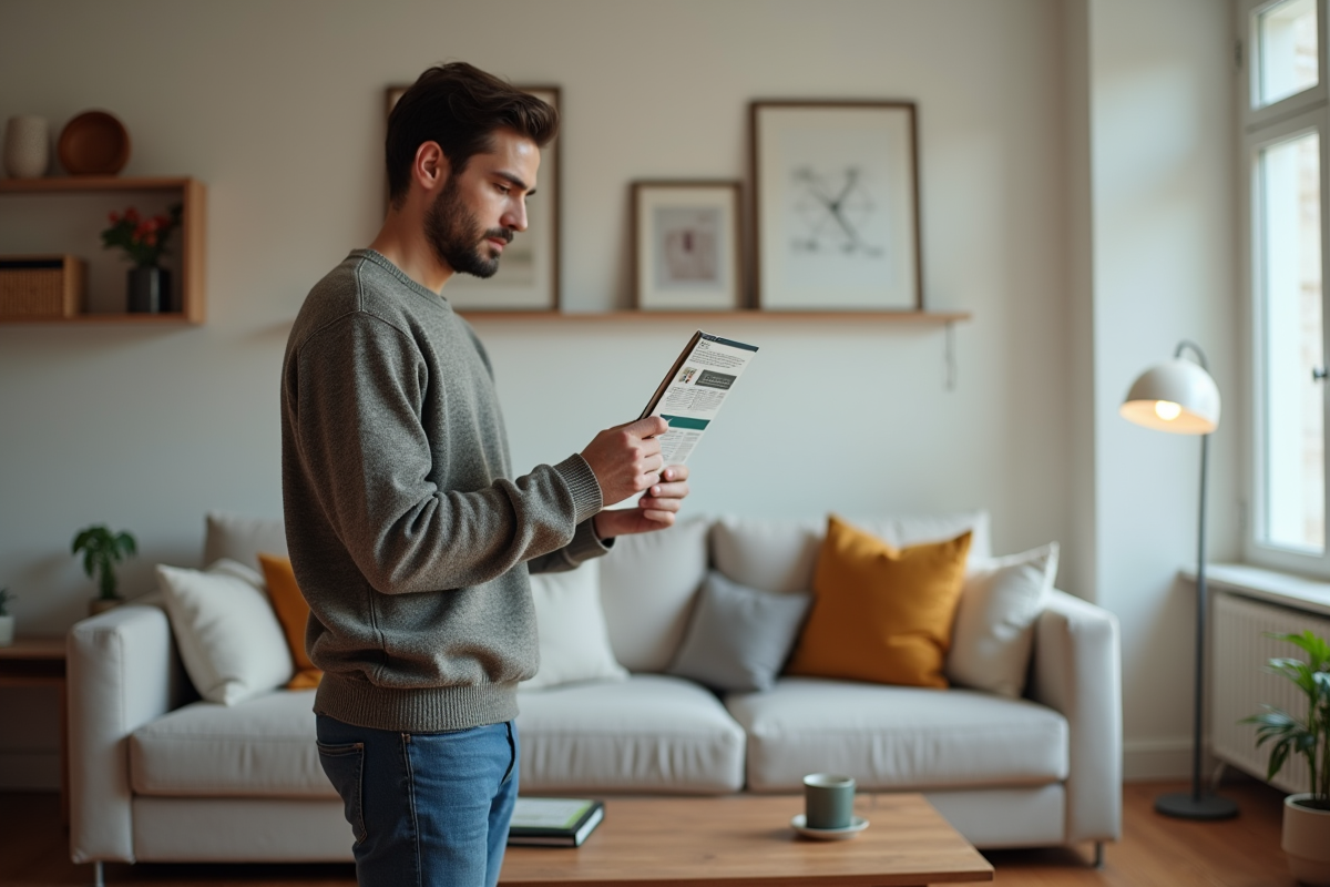 Jeune homme français regardant brochure fiscale dans salon