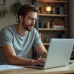 Jeune homme au bureau avec ordinateur et livres