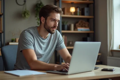 Jeune homme au bureau avec ordinateur et livres