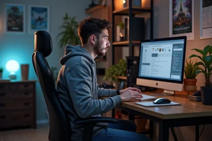 Jeune homme concentré devant son ordinateur gaming