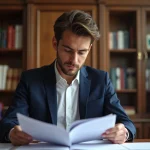Jeune homme politique français lisant des documents officiels