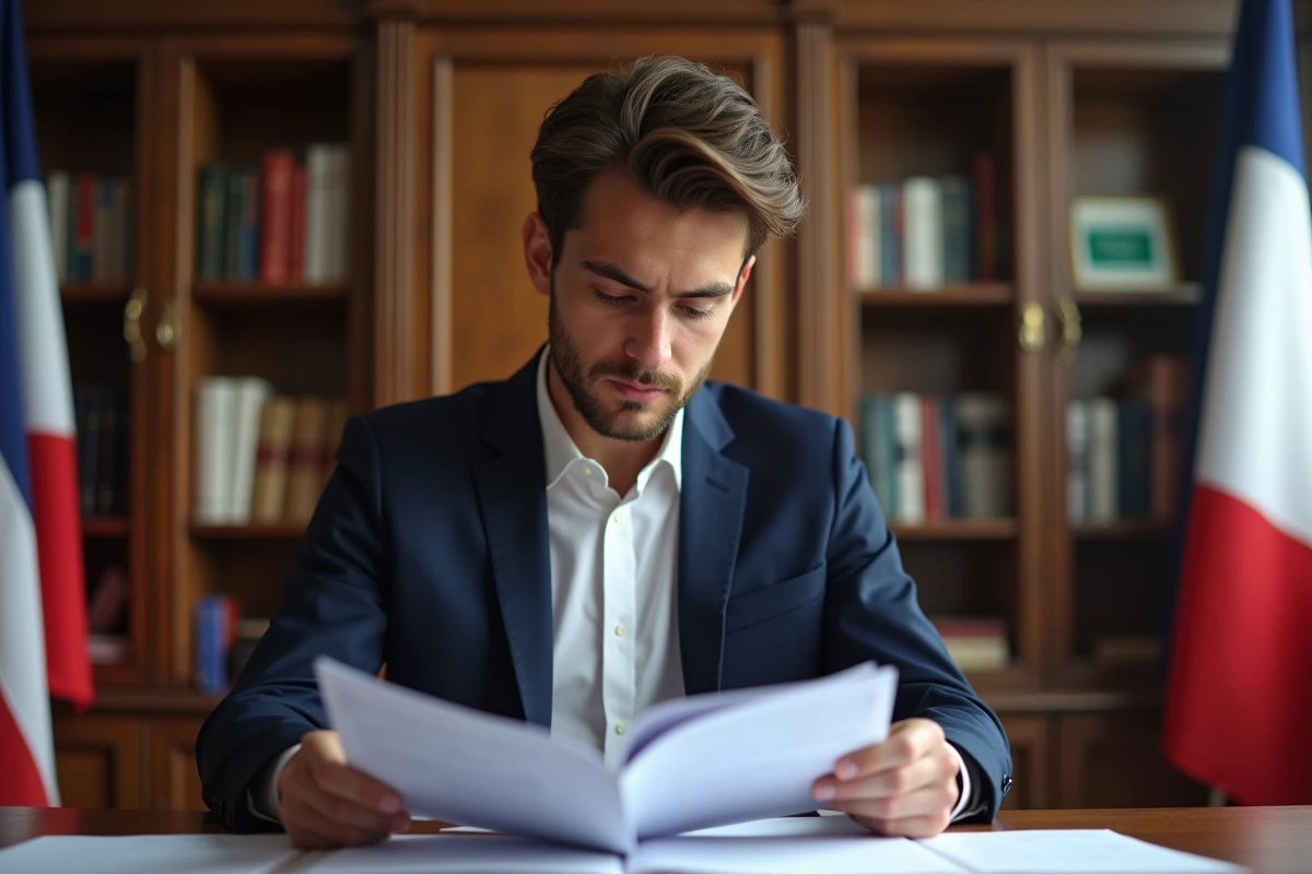 Jeune homme politique français lisant des documents officiels
