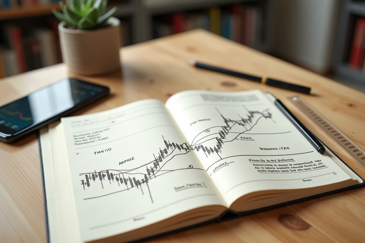 Journal de trading ouvert montrant un schéma double bottom dessiné à la main avec annotations de niveaux de support et points d'entrée