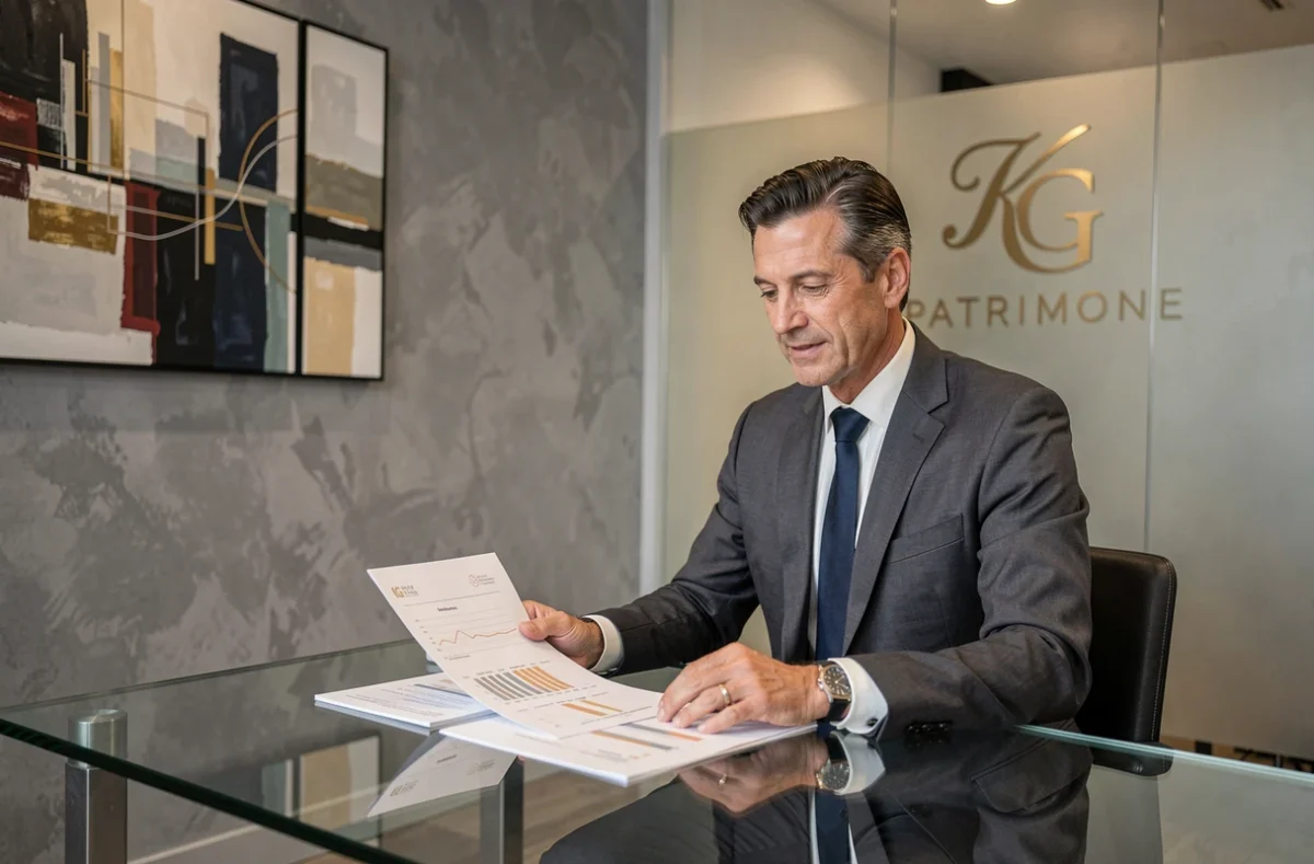 Conseiller en gestion de patrimoine de KG Patrimoine dans un bureau haut de gamme en Vendée analysant un portefeuille client