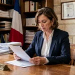 Maire adjointe française en bureau officiel de mairie, consultant des documents administratifs sur salaire et indemnités en 2026