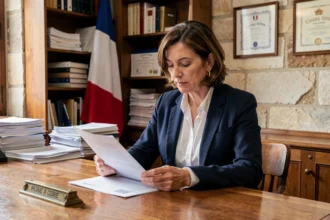 Maire adjointe française en bureau officiel de mairie, consultant des documents administratifs sur salaire et indemnités en 2026