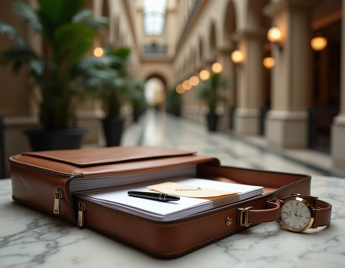Mallette en cuir ouverte sur une table en marbre révélant des dossiers financiers confidentiels et une montre de luxe dans un hall d'hôtel haut de gamme
