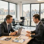 Courtier en assurance conseillant un client dans un bureau professionnel dans l'Oise