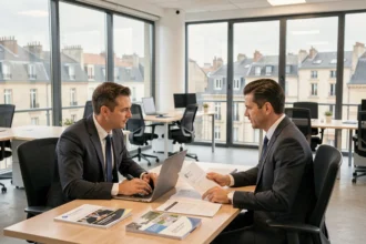 Courtier en assurance conseillant un client dans un bureau professionnel dans l'Oise