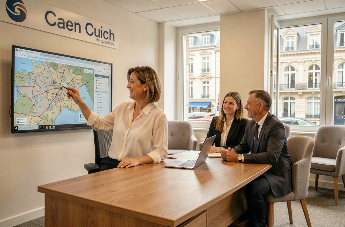 Conseillère Meilleurtaux à Caen présentant les offres du réseau national d'assurance emprunteur à des clients