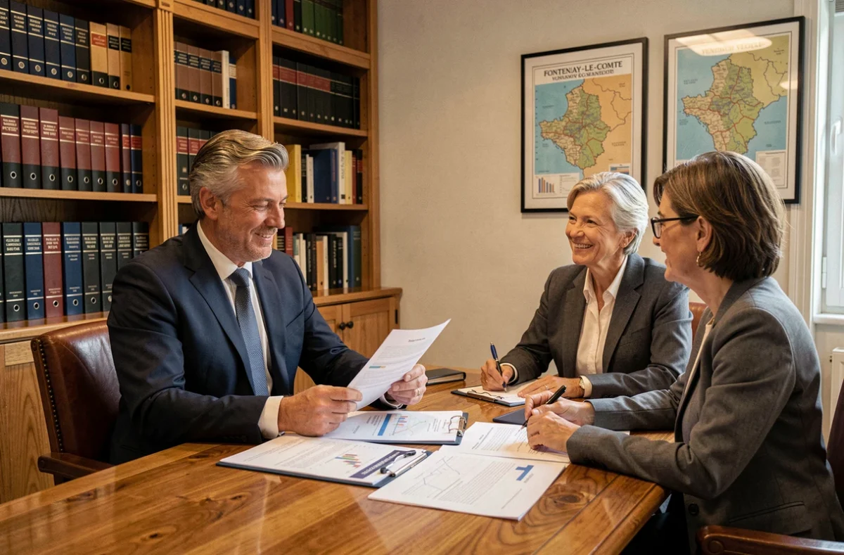 Conseiller de l'agence Nestenn Fontenay-le-Comte en consultation patrimoniale avec des clients dans un bureau professionnel