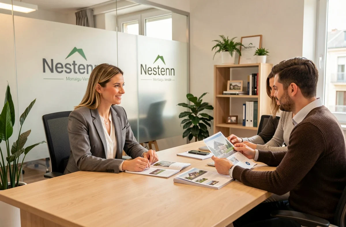 Bureau de l'agence Nestenn Montaigu avec une conseillère patrimoniale accompagnant des clients dans leurs investissements immobiliers