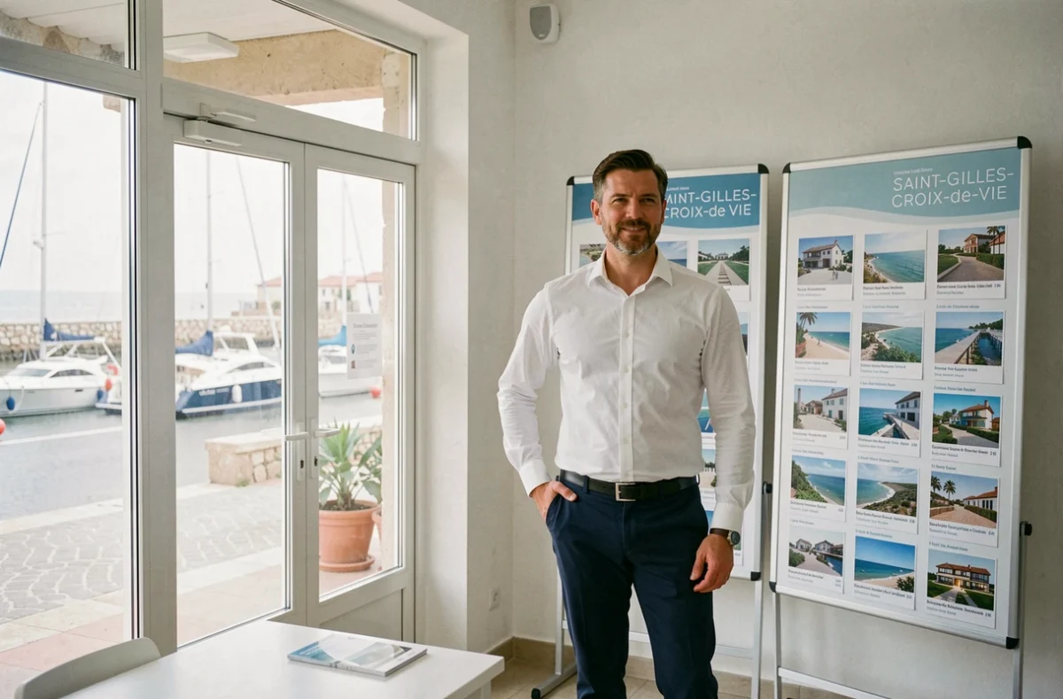 Agence Nestenn Saint-Gilles-Croix-de-Vie avec un conseiller présentant des biens immobiliers côtiers en Vendée