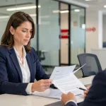 Femme ouvrant un compte bancaire HSBC avec un conseiller en agence