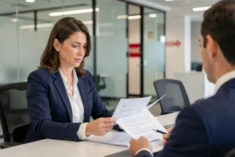 Femme ouvrant un compte bancaire HSBC avec un conseiller en agence