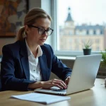 Femme professionnelle effectuant un paiement en ligne sur le site de l'URSSAF depuis un bureau à l'étranger