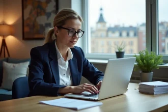 Femme professionnelle effectuant un paiement en ligne sur le site de l'URSSAF depuis un bureau à l'étranger