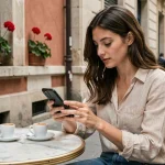 Jeune femme française utilisant une application de paiement mobile sur son smartphone dans un café parisien