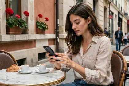 Jeune femme française utilisant une application de paiement mobile sur son smartphone dans un café parisien