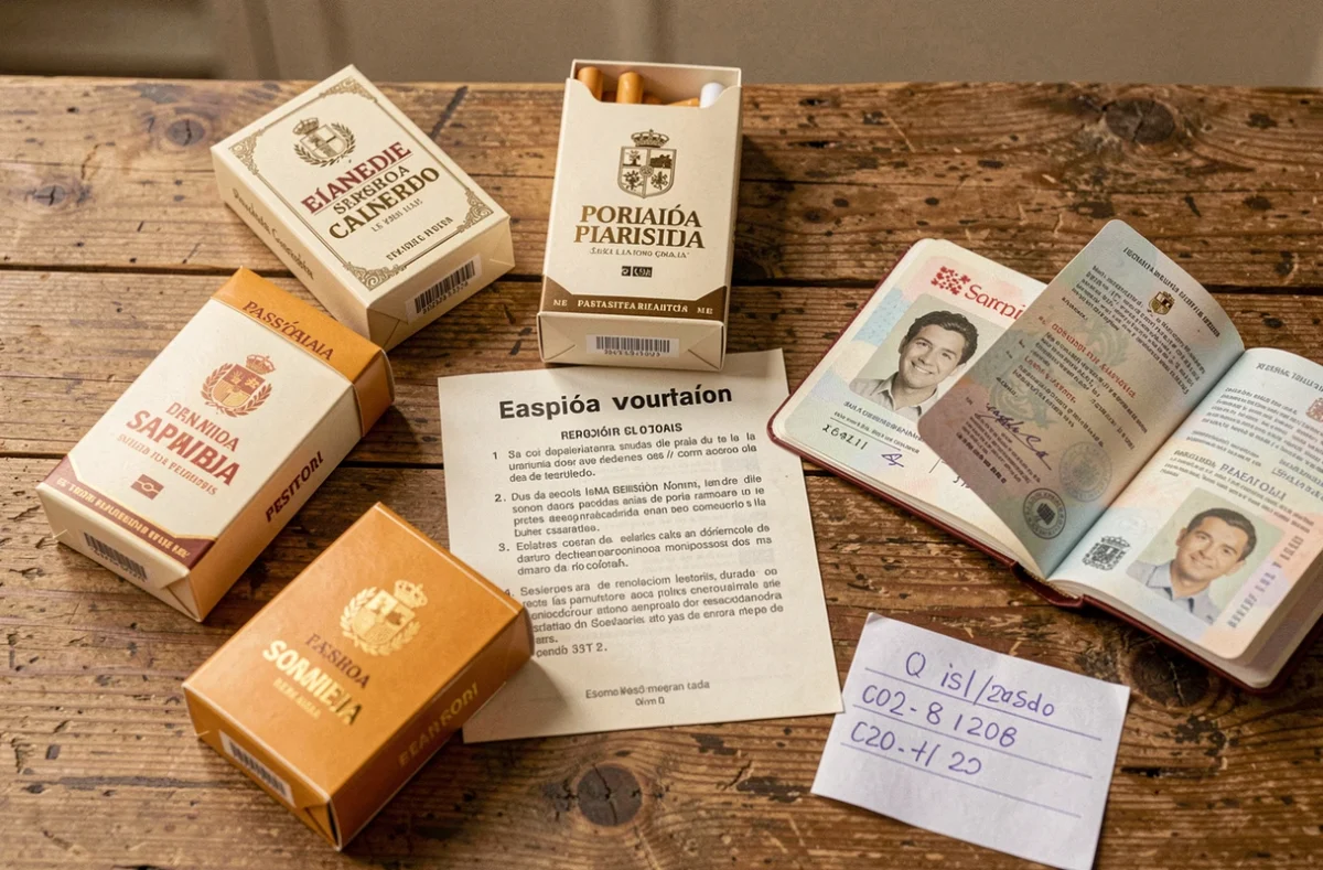 Paquets de cigarettes espagnols, passeport et brochure de réglementation douanière posés sur une table en bois, quantités de tabac autorisées en Espagne