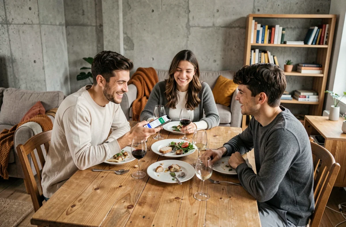 Groupe d'amis partageant les frais d'un repas grâce à une application de paiement mobile dans un appartement parisien