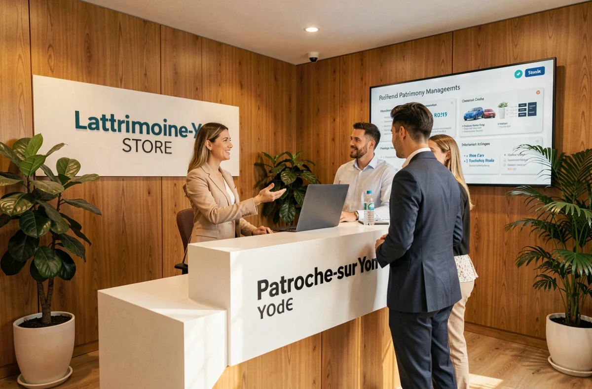 Accueil professionnel au bureau Patrimoine Store à La Roche-sur-Yon avec une conseillère guidant des clients en gestion de patrimoine