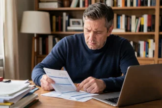Homme examinant un relevé bancaire avec un prélèvement non reconnu de 30 euros à son bureau