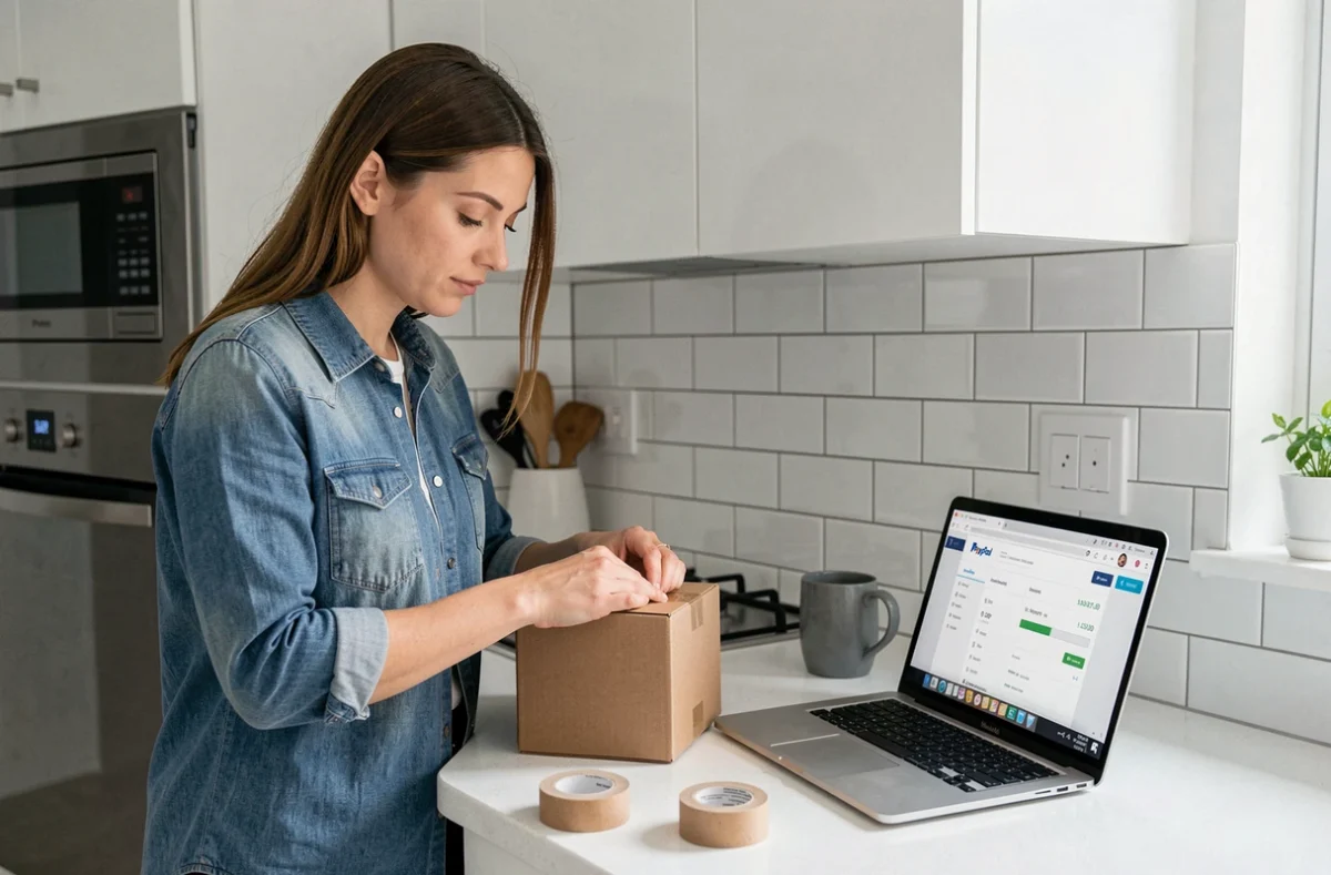 Femme préparant un colis pour une vente entre particuliers avec PayPal affiché sur un ordinateur portable