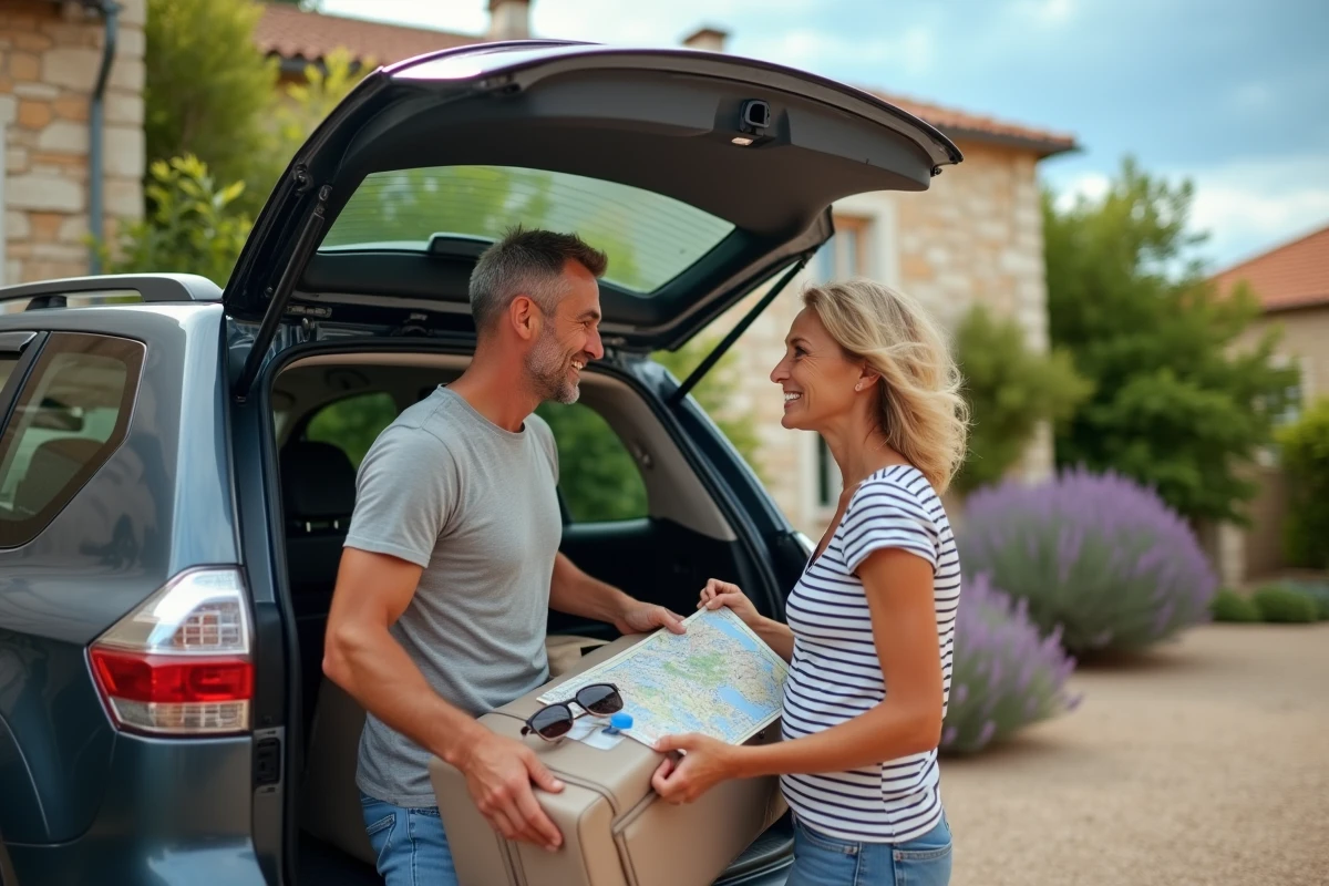 Couple préparant le départ en vacances en voiture avec des Chèques Vacances ANCV posés sur le coffre du SUV familial