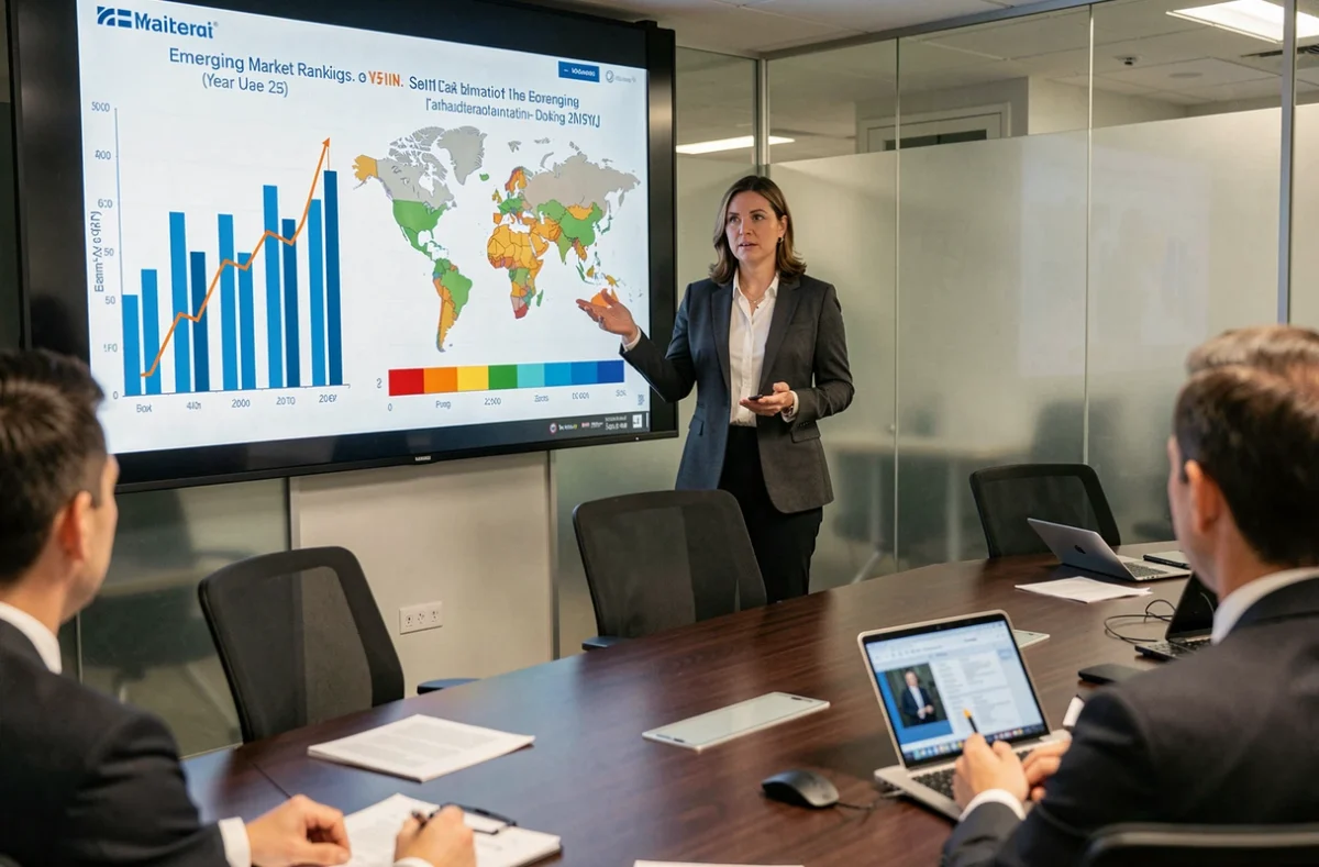 Femme présentant des graphiques de classement des marchés émergents lors d'une conférence d'analyse économique internationale