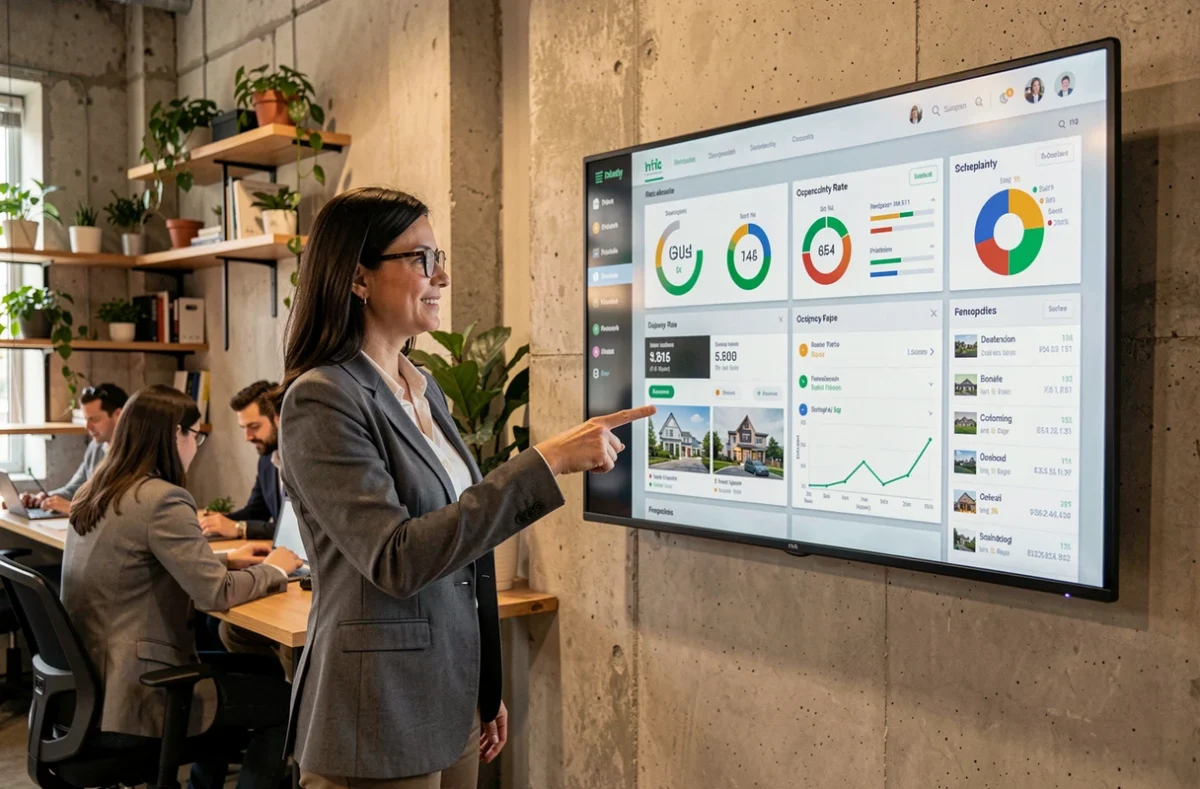 Femme présentant un tableau de bord de taux d'occupation financier de SCPI sur grand écran dans un espace de coworking