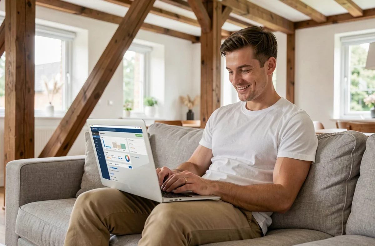 Jeune homme en Normandie souscrivant une assurance emprunteur en ligne via la plateforme digitale Pretto