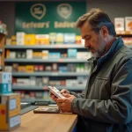 Client examinant un paquet de cigarettes dans un bureau de tabac allemand avec des étiquettes de prix visibles