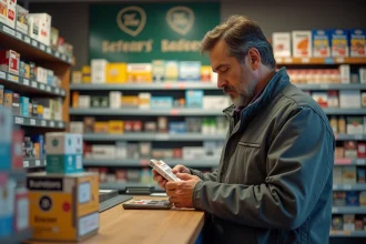 Client examinant un paquet de cigarettes dans un bureau de tabac allemand avec des étiquettes de prix visibles