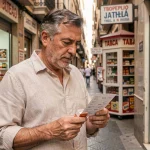 Un homme espagnol tenant un paquet de cigarettes et un reçu devant un bureau de tabac à Madrid, illustrant la hausse des prix du tabac en Espagne en 2026