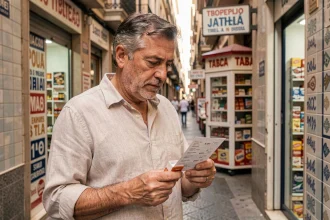 Un homme espagnol tenant un paquet de cigarettes et un reçu devant un bureau de tabac à Madrid, illustrant la hausse des prix du tabac en Espagne en 2026