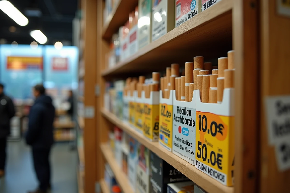 Étagère de cartons de cigarettes avec étiquettes de prix en euros dans un commerce frontalier franco-allemand