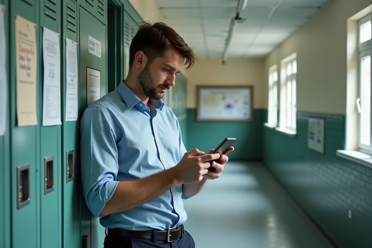 Professeur contractuel consultant sa notification de salaire sur smartphone dans un couloir scolaire