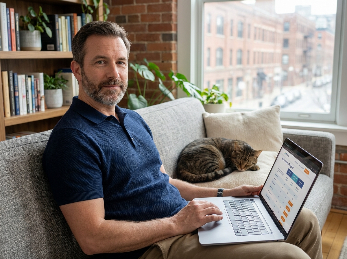 Propriétaire de chat comparant les garanties assurance animaux en ligne sur ordinateur portable