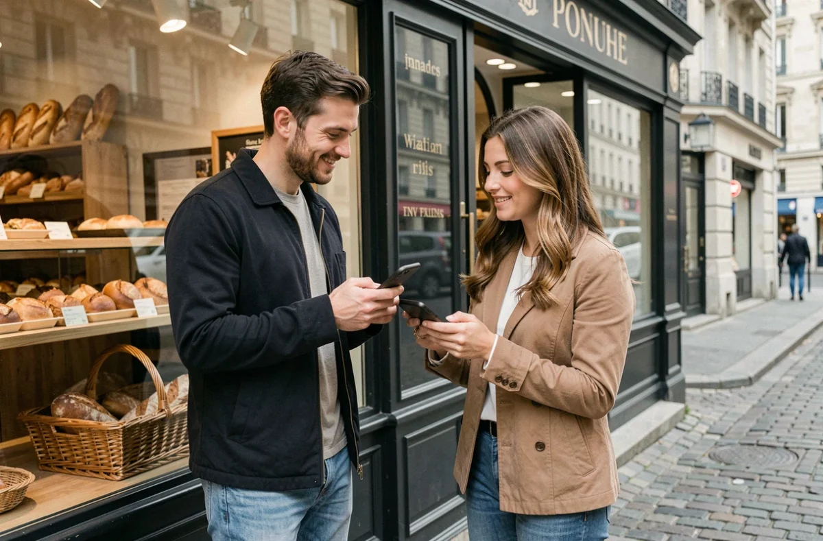 Deux amis se remboursant via application de paiement entre particuliers devant une boulangerie française