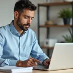 Homme remplissant le formulaire cerfa 3916 bis en ligne sur un ordinateur portable dans un bureau à domicile