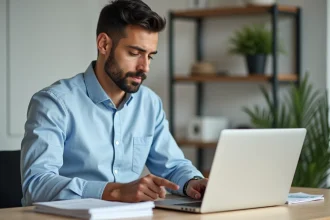 Homme remplissant le formulaire cerfa 3916 bis en ligne sur un ordinateur portable dans un bureau à domicile