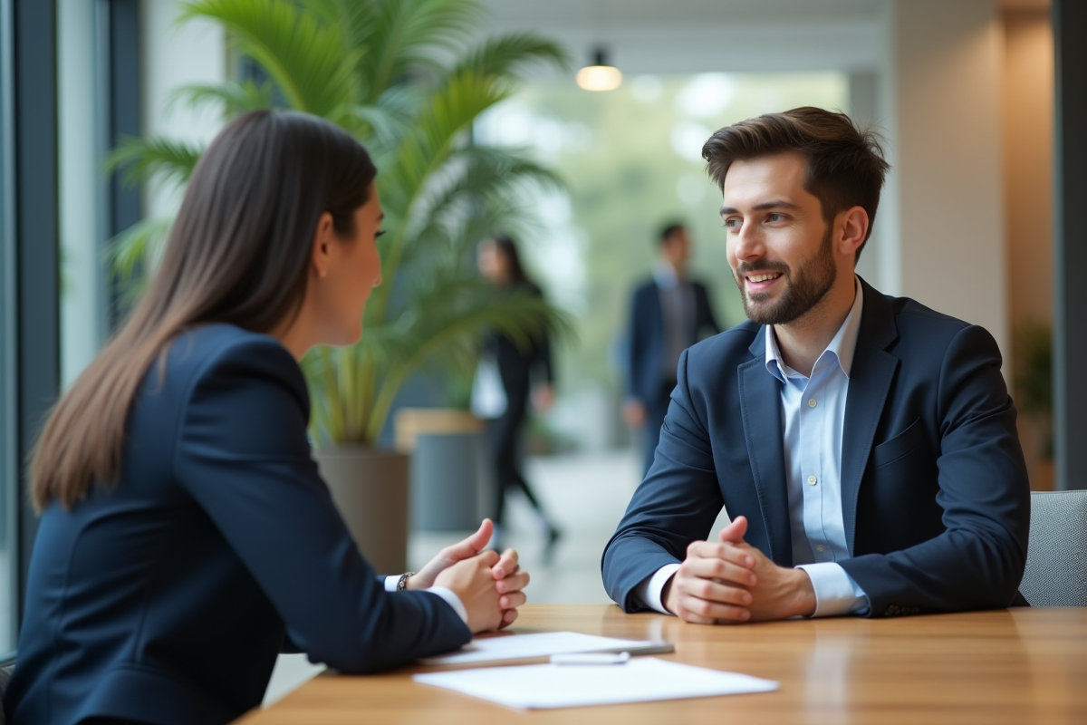 Jeune homme rencontrant un agent d